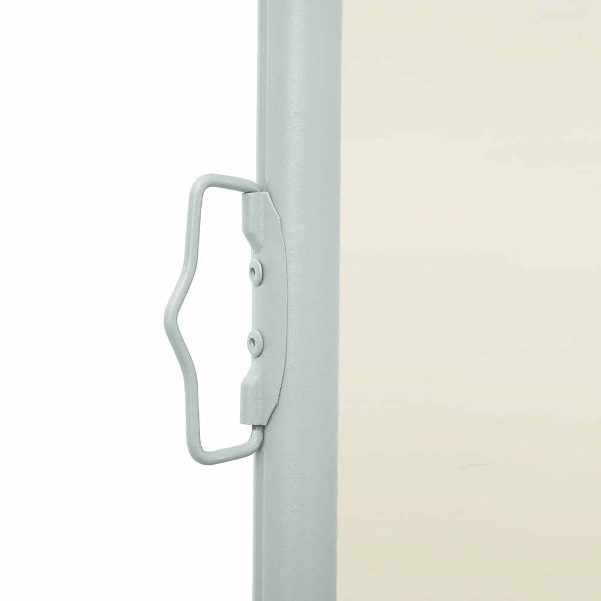 Un primo piano di una maniglia in metallo su un palo grigio con uno schermo beige sullo sfondo.