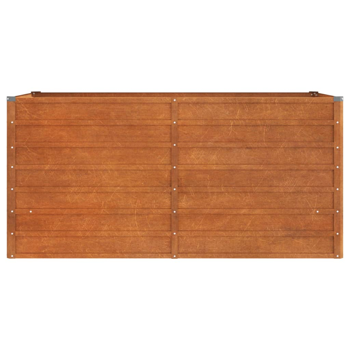 Rechteckiger Pflanzkasten aus Holz, Draufsicht. Braune Farbe, mit horizontalen Brettern.