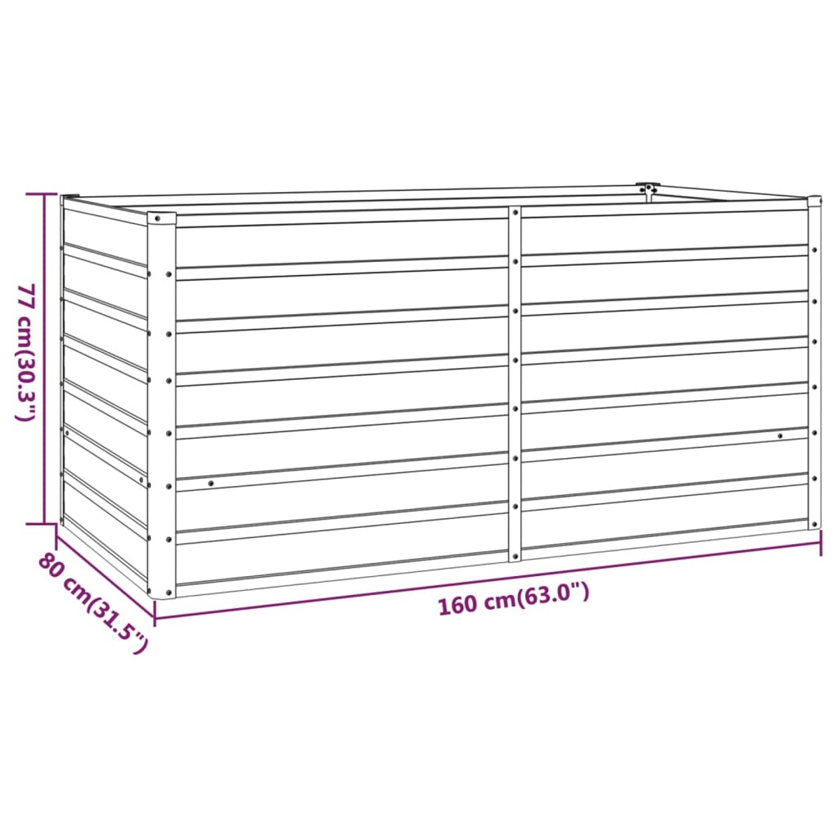 Eine graue Outdoor-Aufbewahrungsbox mit horizontaler Verkleidung, mit Abmessungen.