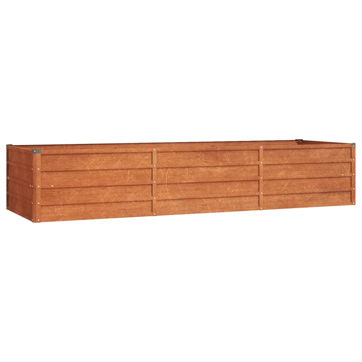 Eine lange, braune Pflanzkiste aus Holz wird gezeigt. Sie ist leer und hat sichtbare Holzmaserung.