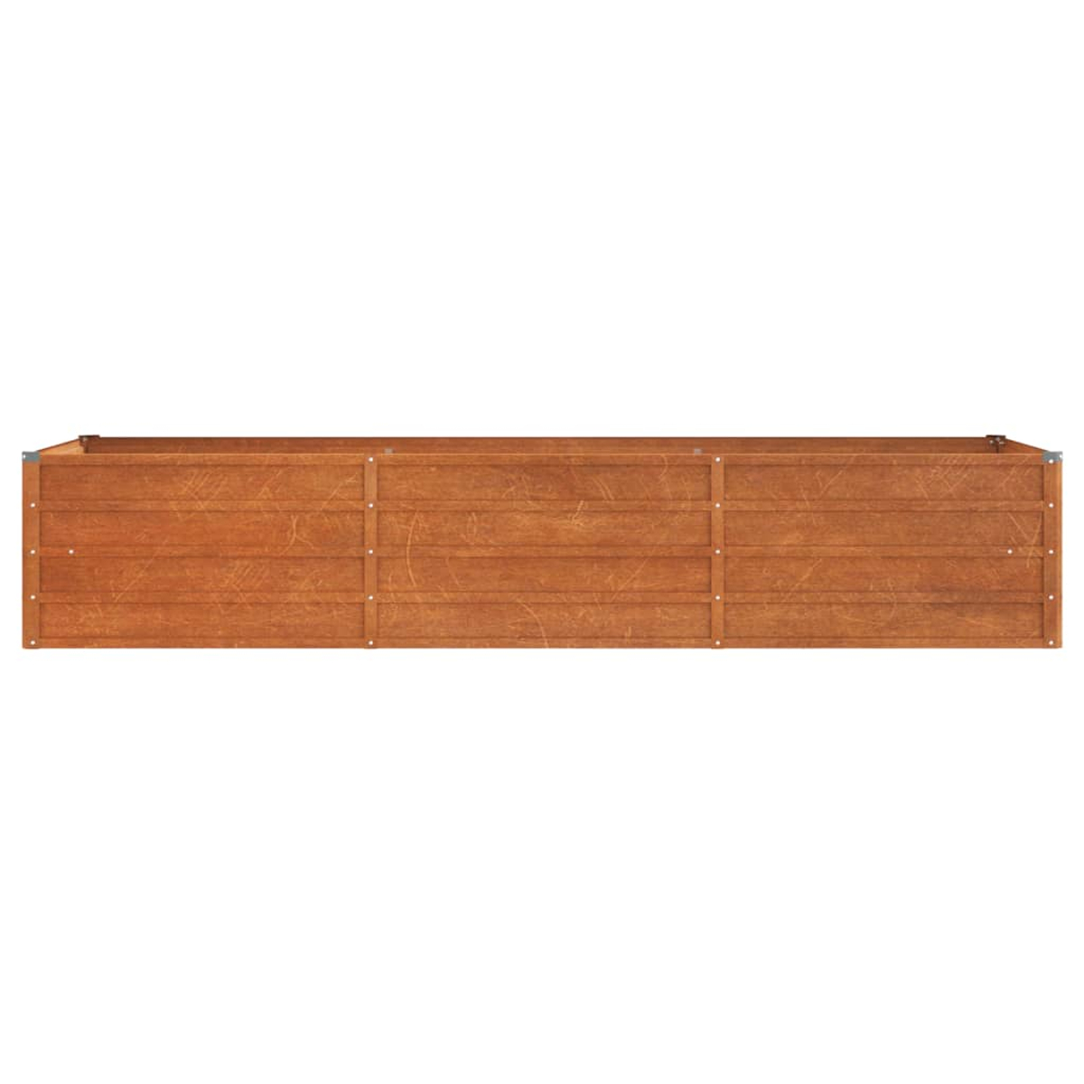 Draufsicht auf einen braunen Holzpflanzer. Die Holzplanken sind sichtbar.