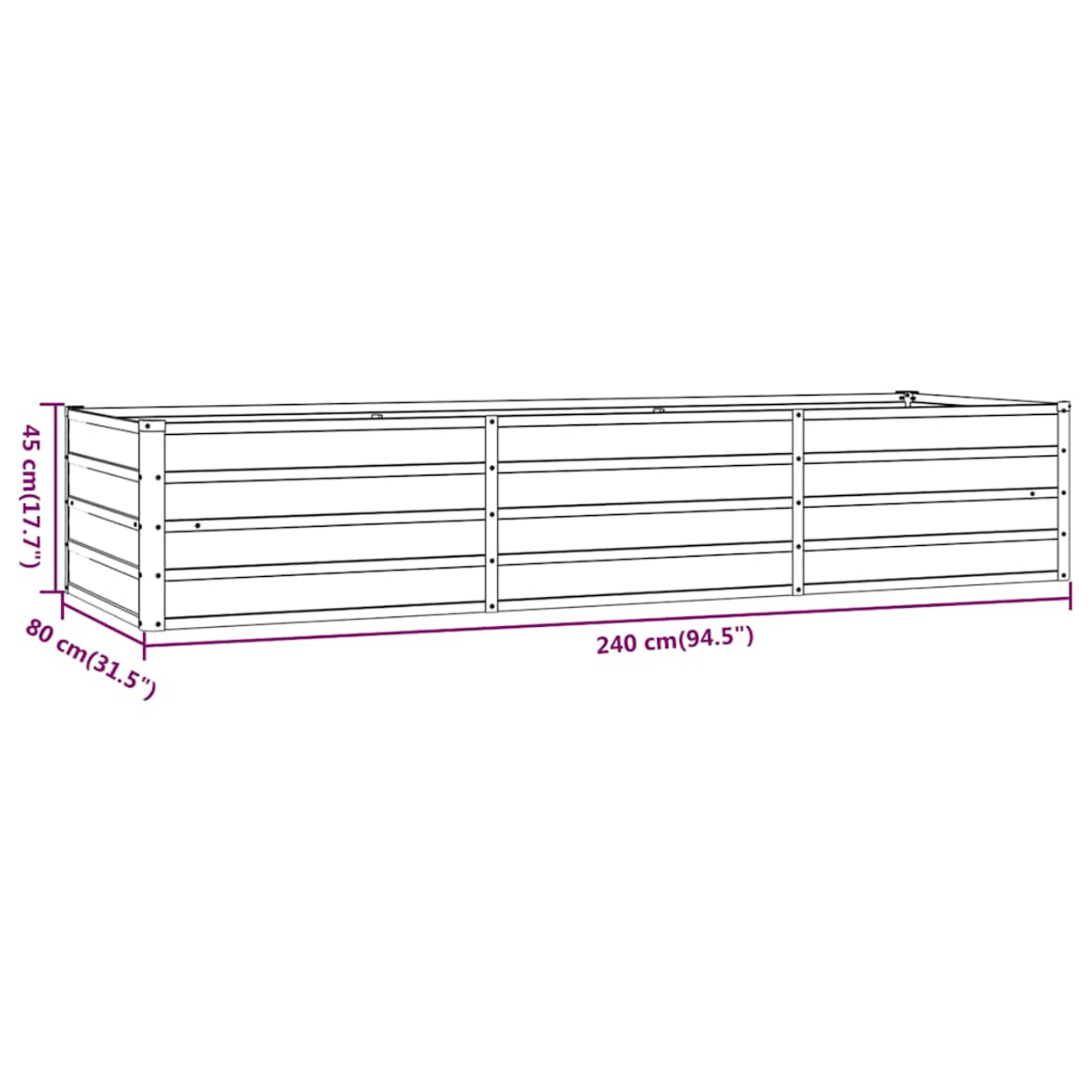 Ein Diagramm einer hölzernen Pflanzkiste mit Abmessungen in cm und Zoll.