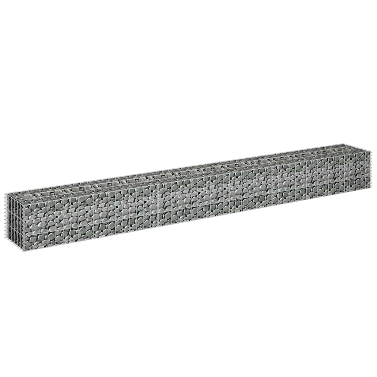 Langer Gabion mit abgerundeten grauen Steinen gefüllt. Weißer Hintergrund.