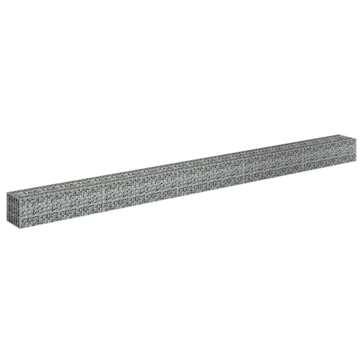 Langer Gabion mit abgerundeten grauen Steinen gefüllt. Weißer Hintergrund.