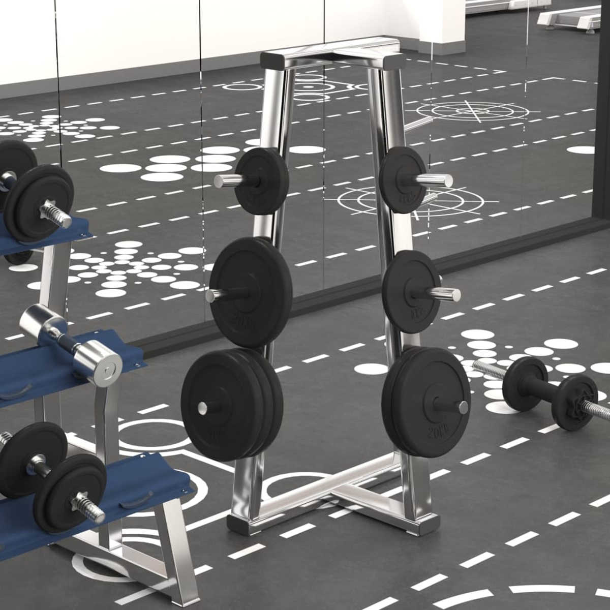 Hantelständer mit Hantelscheiben und Kurzhanteln. Gewichte sind schwarz und silber. Grauer Gym Boden.