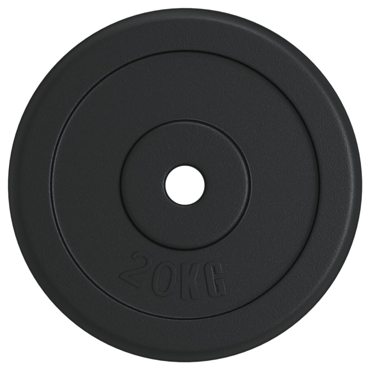 Eine schwarze 20-kg-Hantelscheibe mit Loch in der Mitte und eingeprägtem Gewicht.