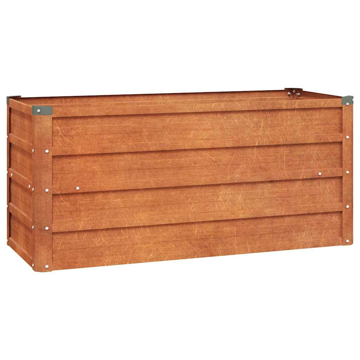 Ein hölzerner Pflanzkasten mit horizontalen Brettern und Metallecken.