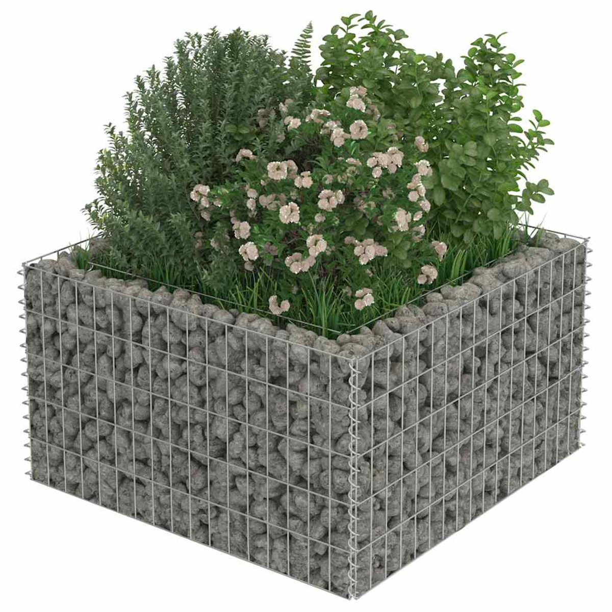 Ein quadratischer Pflanzkübel aus Steinen in einem Drahtkäfig. Oben sind Pflanzen und Blumen.