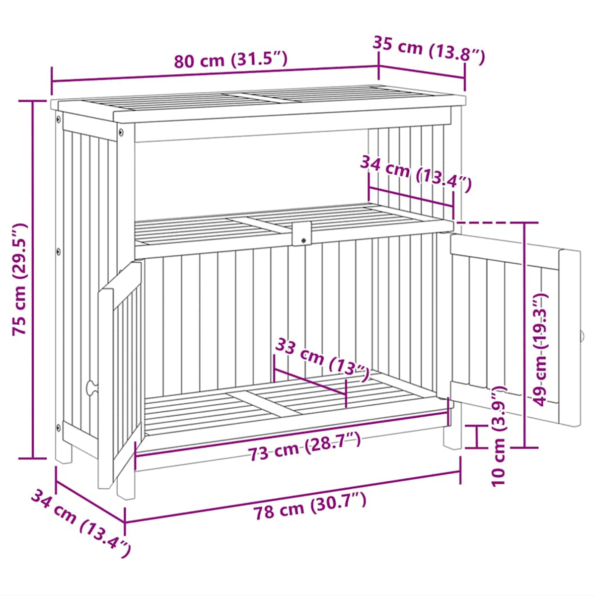 Ein Diagramm, das einen Holzschrank mit Abmessungen zeigt. Der Schrank ist offen und zeigt Regale und zwei Türen. Es ist hellbraun.