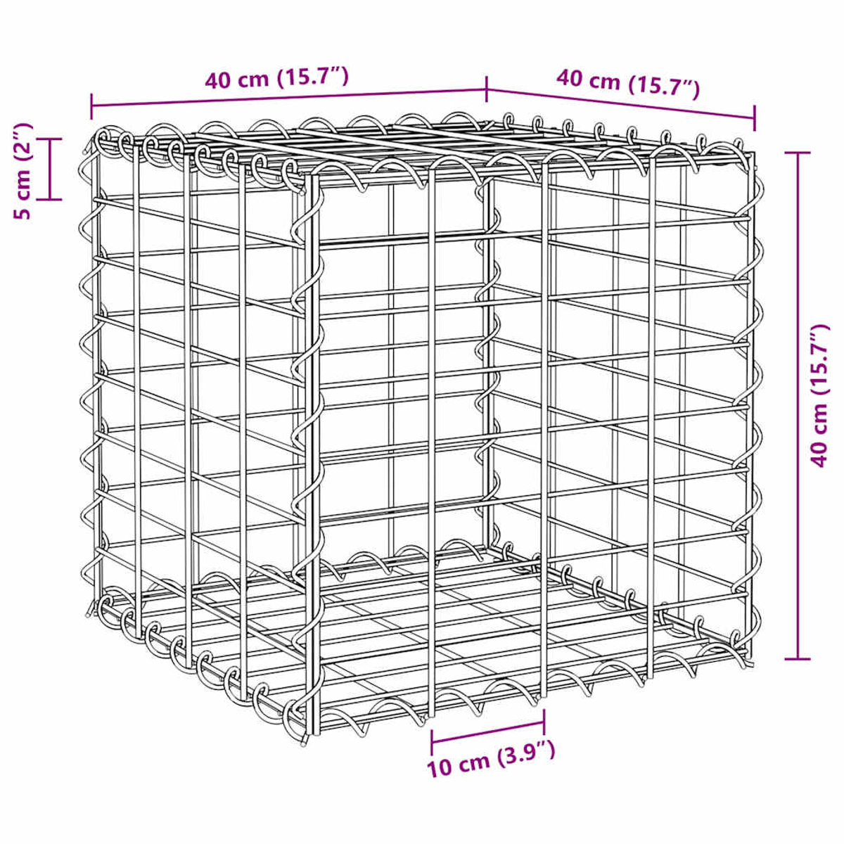 Ein Drahtwürfel. Die Abmessungen sind: 40cm x 40cm x 10cm. Das Gestell ist grau.