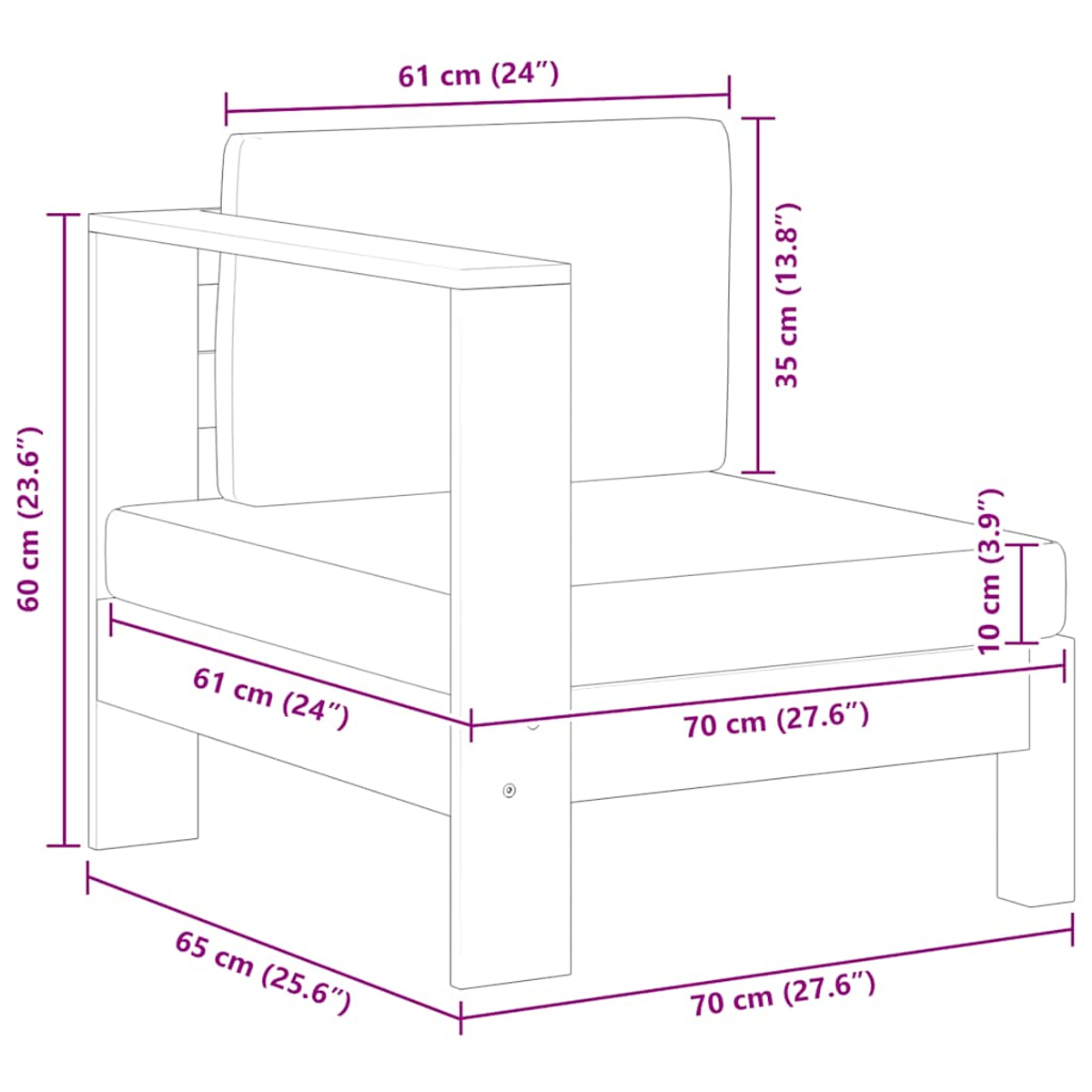 Diagramm eines weißen Stuhls mit Abmessungen, mit Armlehne und Kissen.
