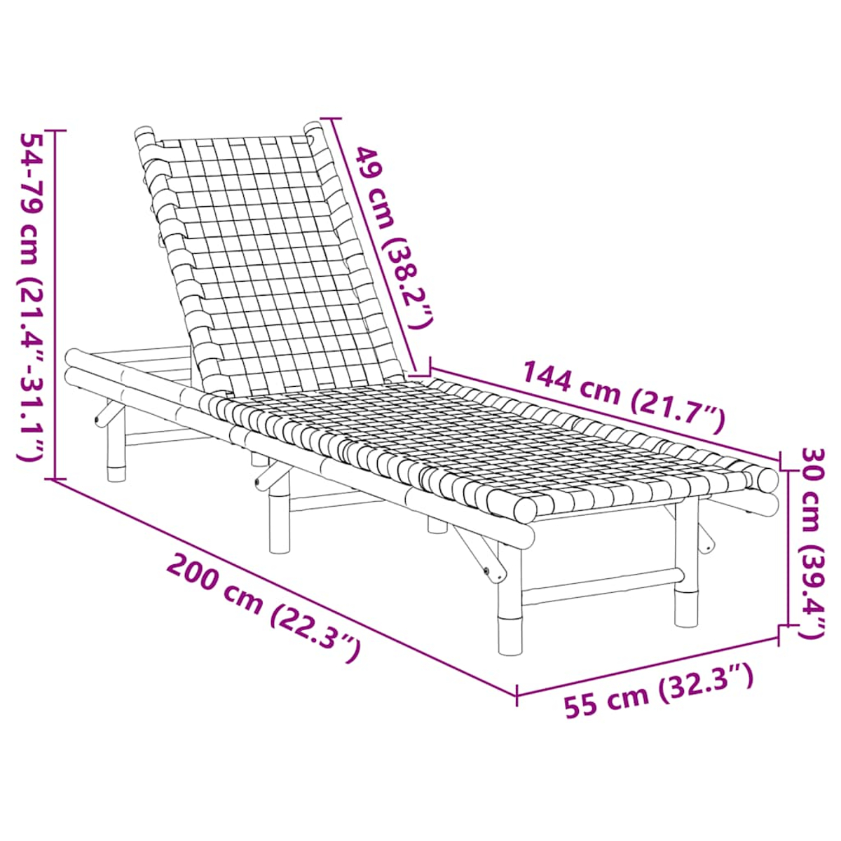 Diagramm einer Bambus-Sonnenliege mit Maßen in Zentimetern und Zoll. Zeigt die Maße der Liege.