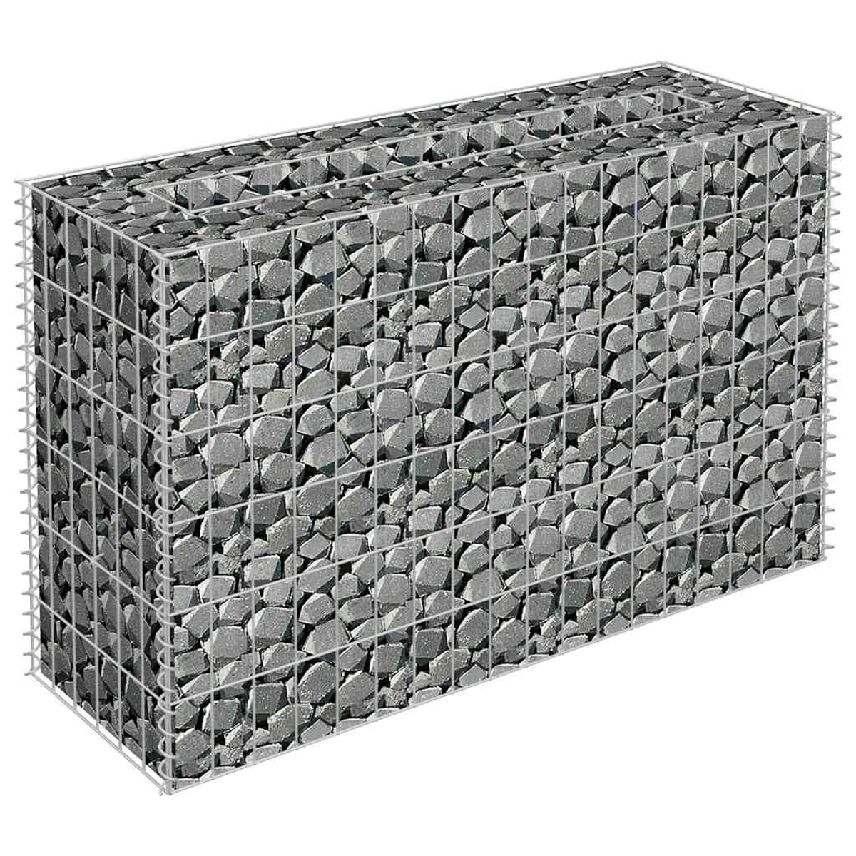Ein mit Steinen gefüllter Gabion. Der Käfig besteht aus Drahtgeflecht.