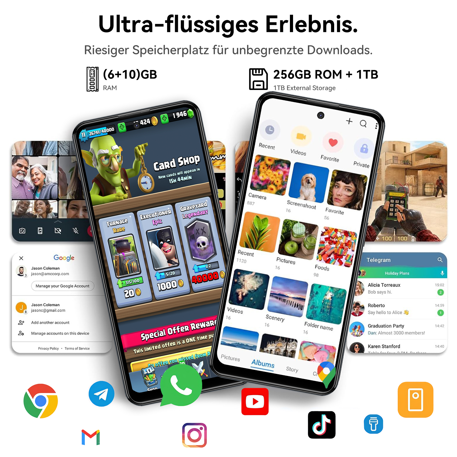 Zwei Smartphones mit Apps auf ihren Bildschirmen, umgeben von App-Symbolen.