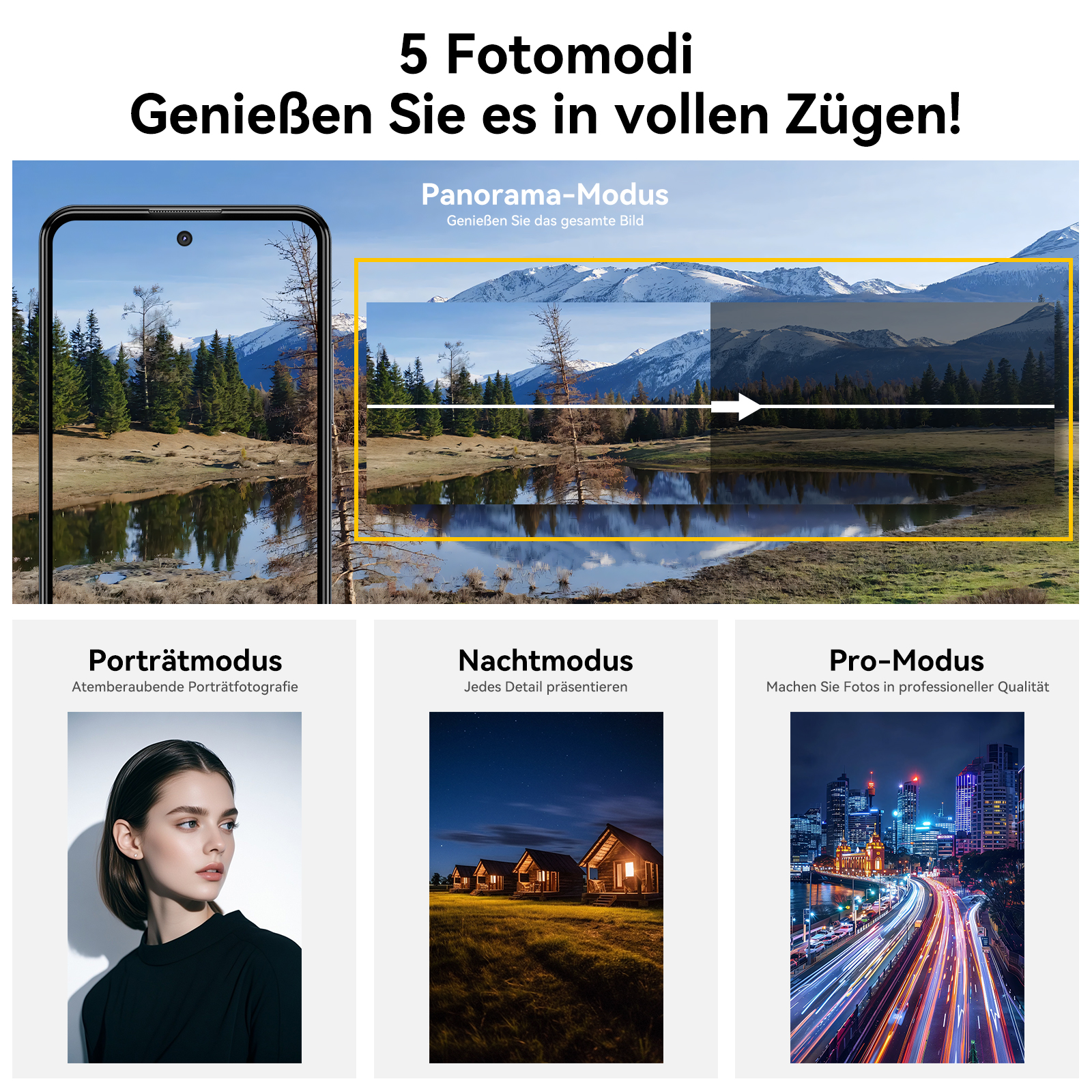 Smartphone-Bildschirm mit Panorama-, Porträt-, Nacht- und Profi-Modus.