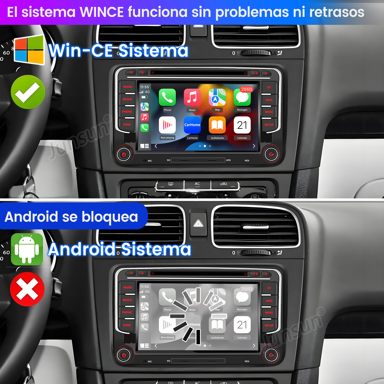 Ekran radia samochodowego wyświetla opcje systemu Win-CE i Android. Win-CE ma znacznik wyboru, Android ma X.