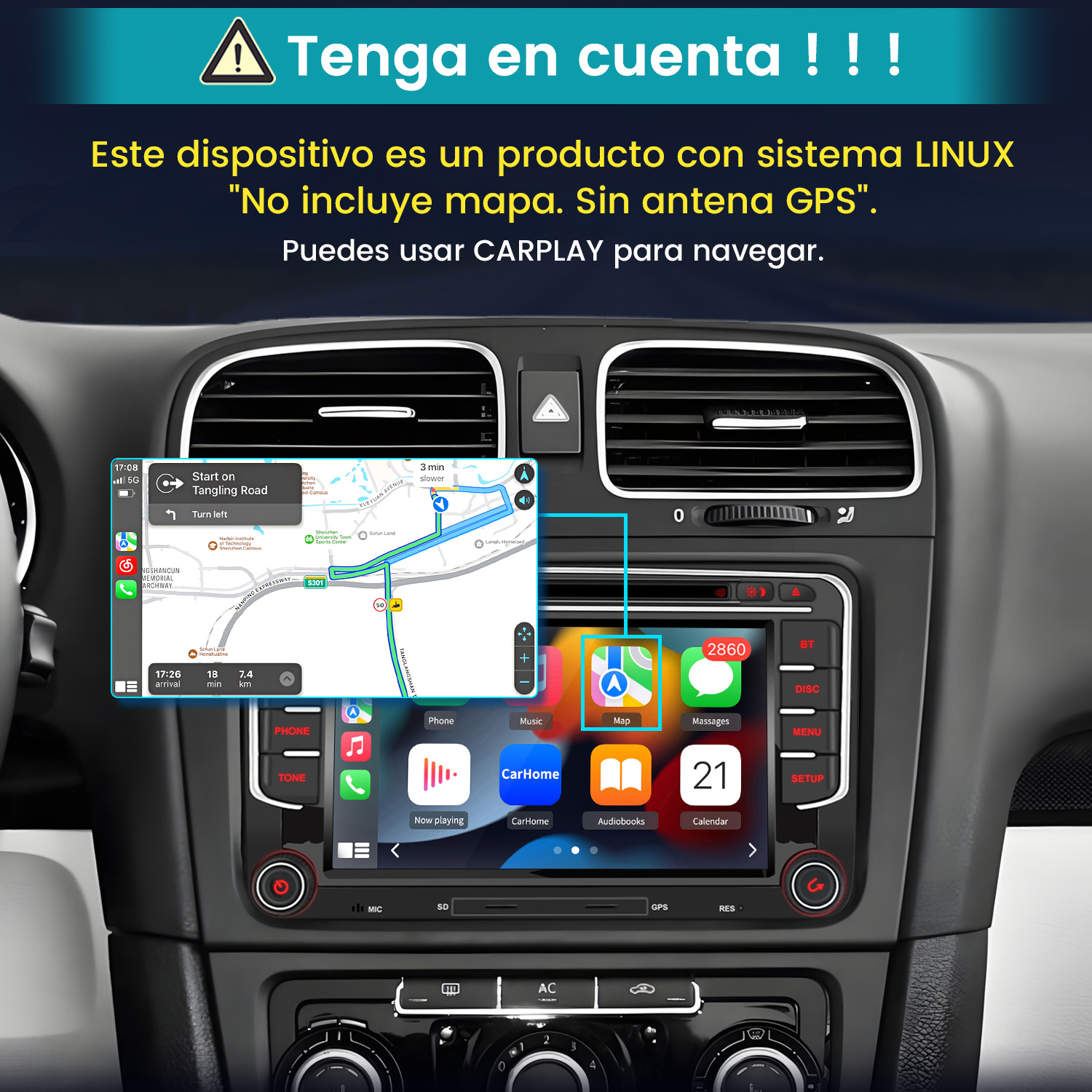 Ekran samochodu pokazujący mapę z ostrzeżeniem o używaniu systemu Linux, bez GPS. CarPlay jest zalecane do nawigacji.