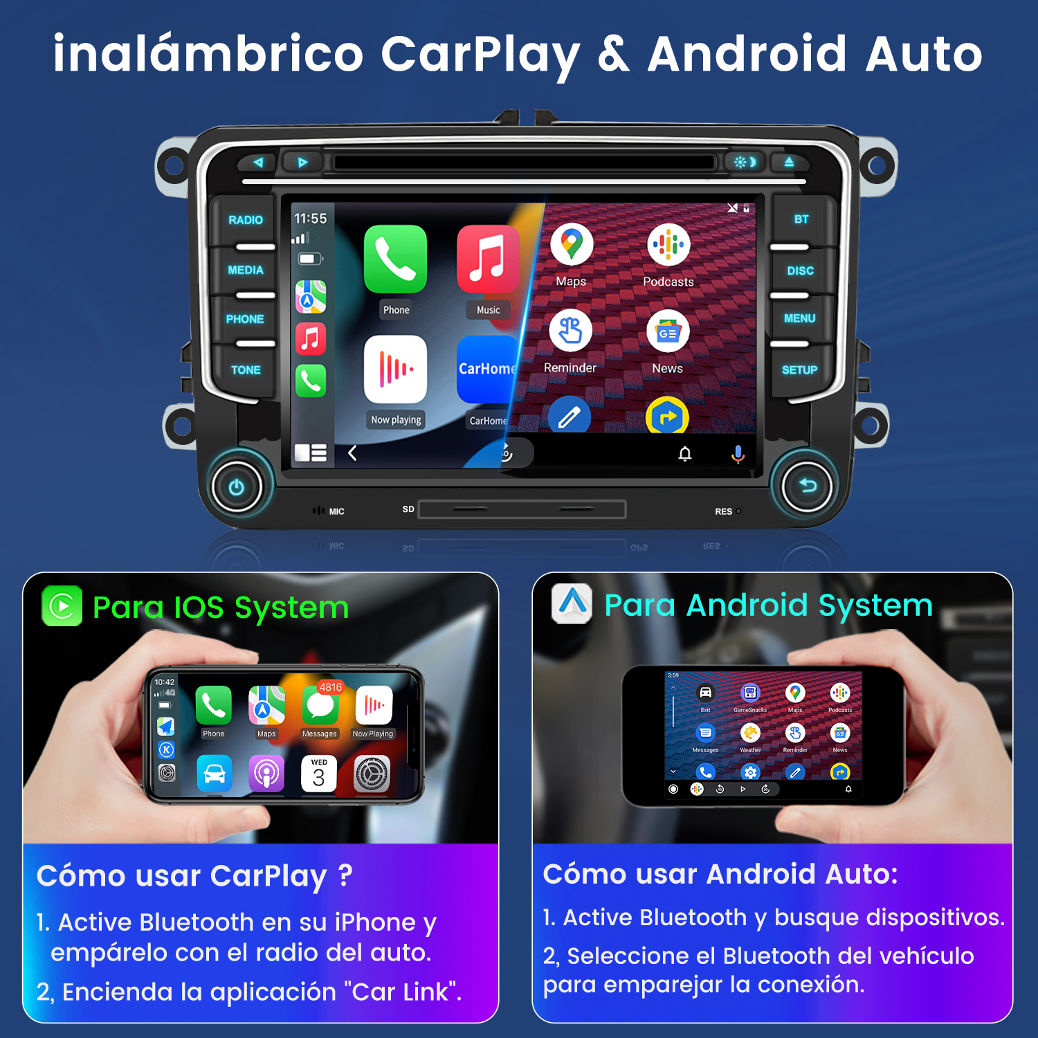 Interfejs radia samochodowego z CarPlay i Android Auto. Dwa smartfony pokazujące szczegóły interfejsu. Tekst instruktażowy poniżej.