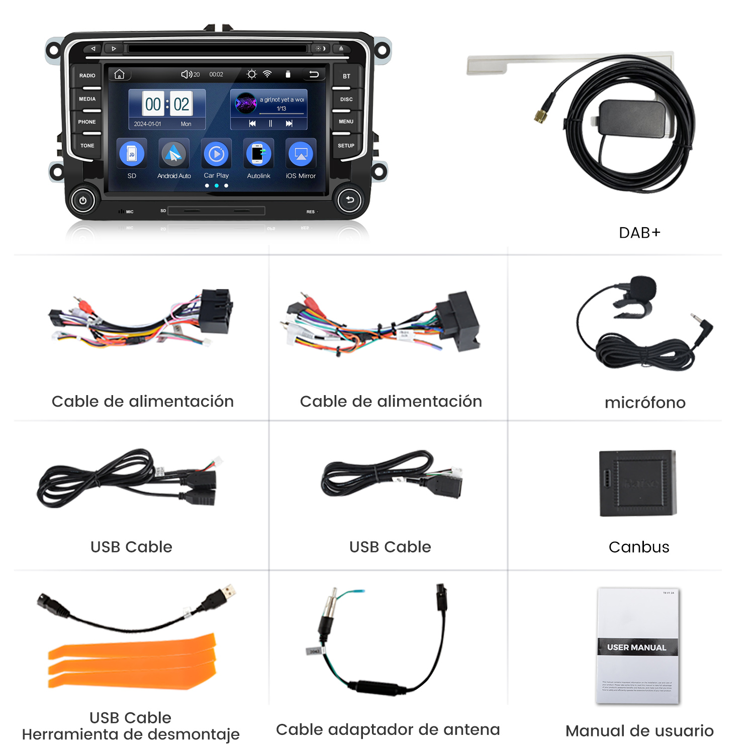 Radio samochodowe z kilkoma komponentami: kable zasilające, kable USB, mikrofon, canbus, kabel adaptera antenowego i instrukcja obsługi.