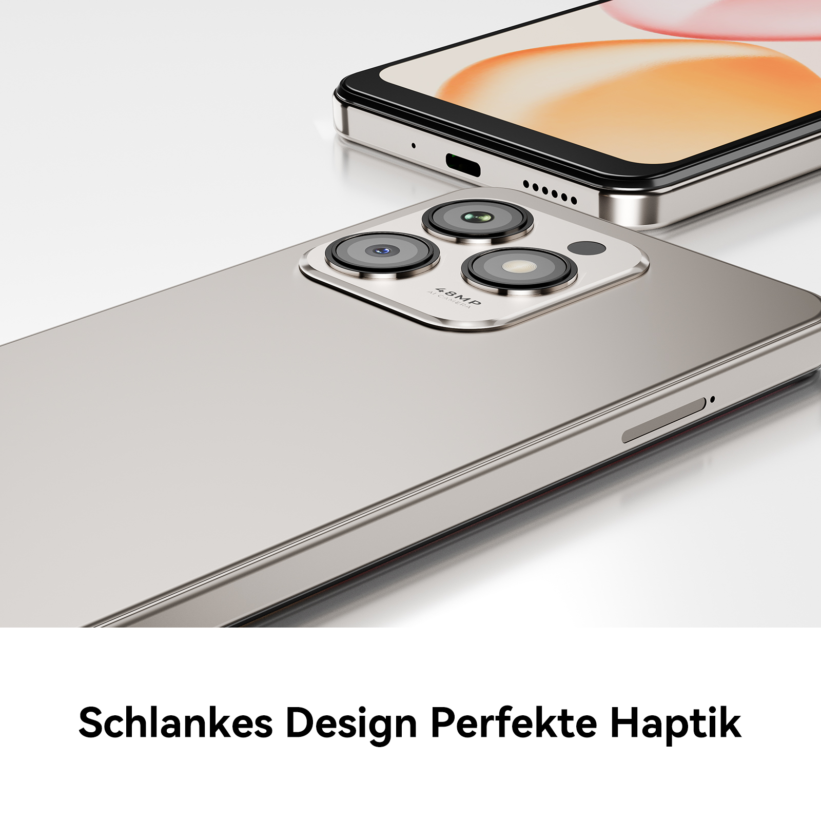 Ein Telefon wird von hinten gezeigt, mit einer hellsilbernen Oberfläche, drei Kameras und dem Text 'Schlankes Design Perfekte Haptik'.