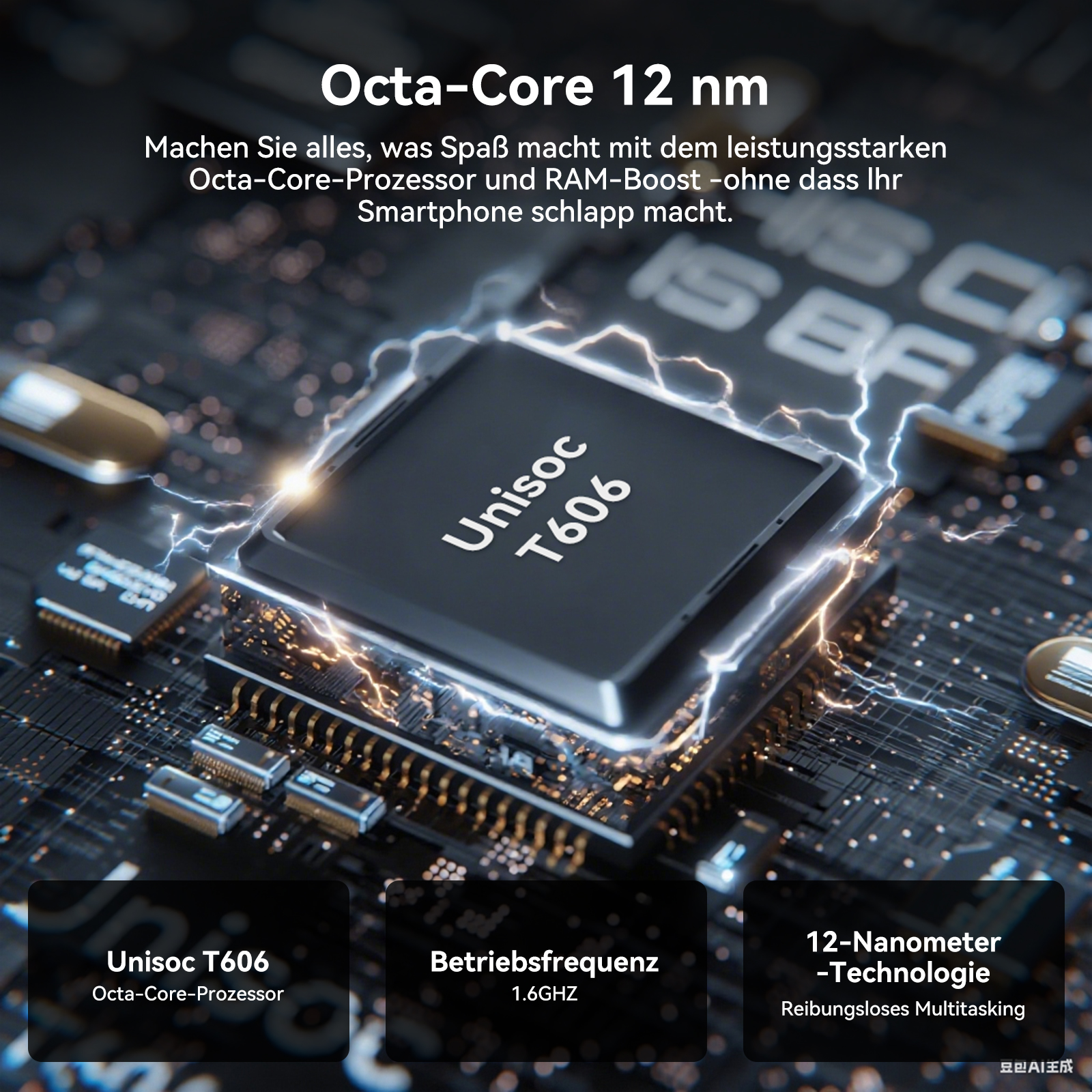 Nahaufnahme eines Telefonchips. Es zeigt den Text Unisoc T606 und Text, der die Funktionen und Spezifikationen des Chips beschreibt.
