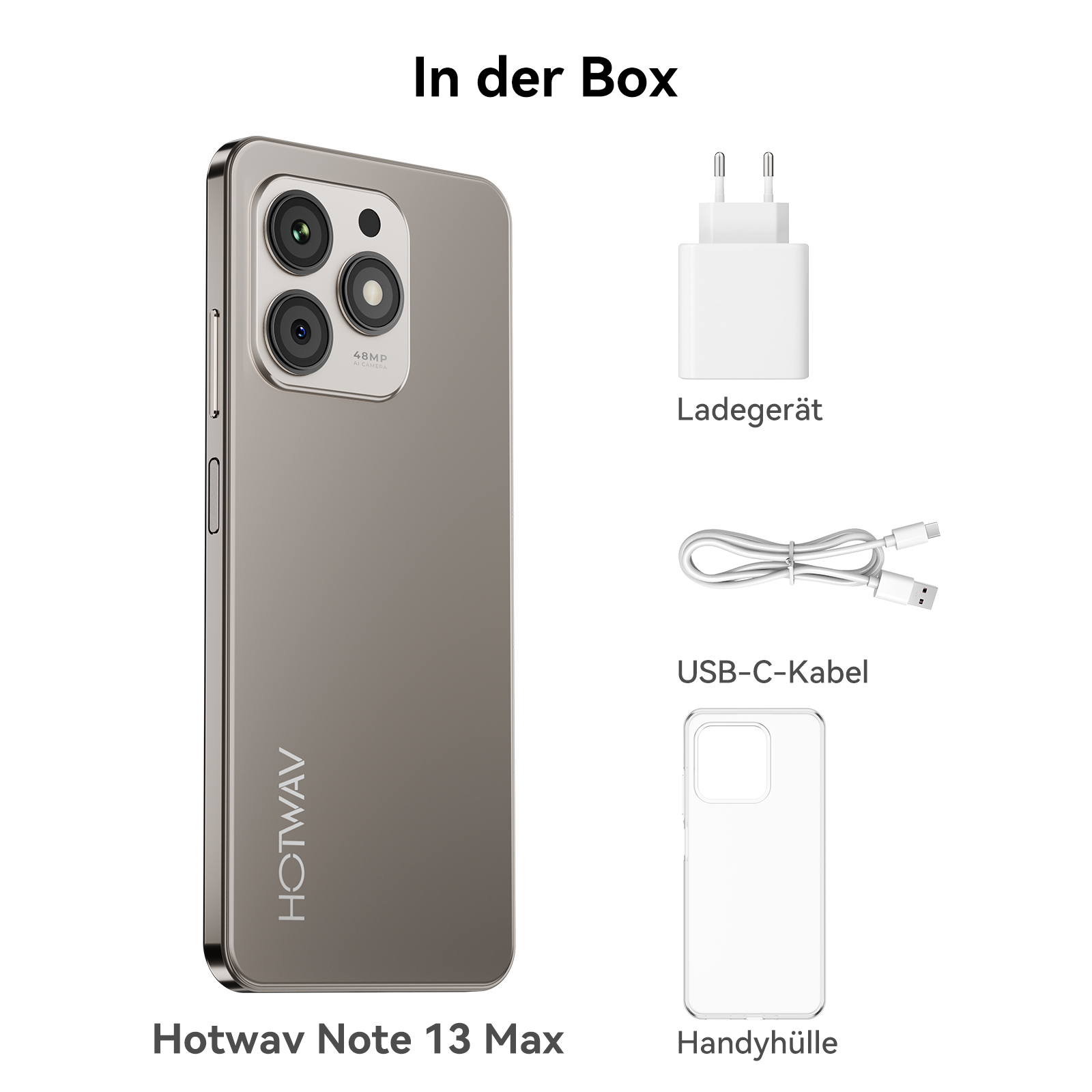 Smartphone mit Zubehör: Ladegerät, Kabel und Schutzhülle. Text sagt 'Hotwav Note 13 Max'.