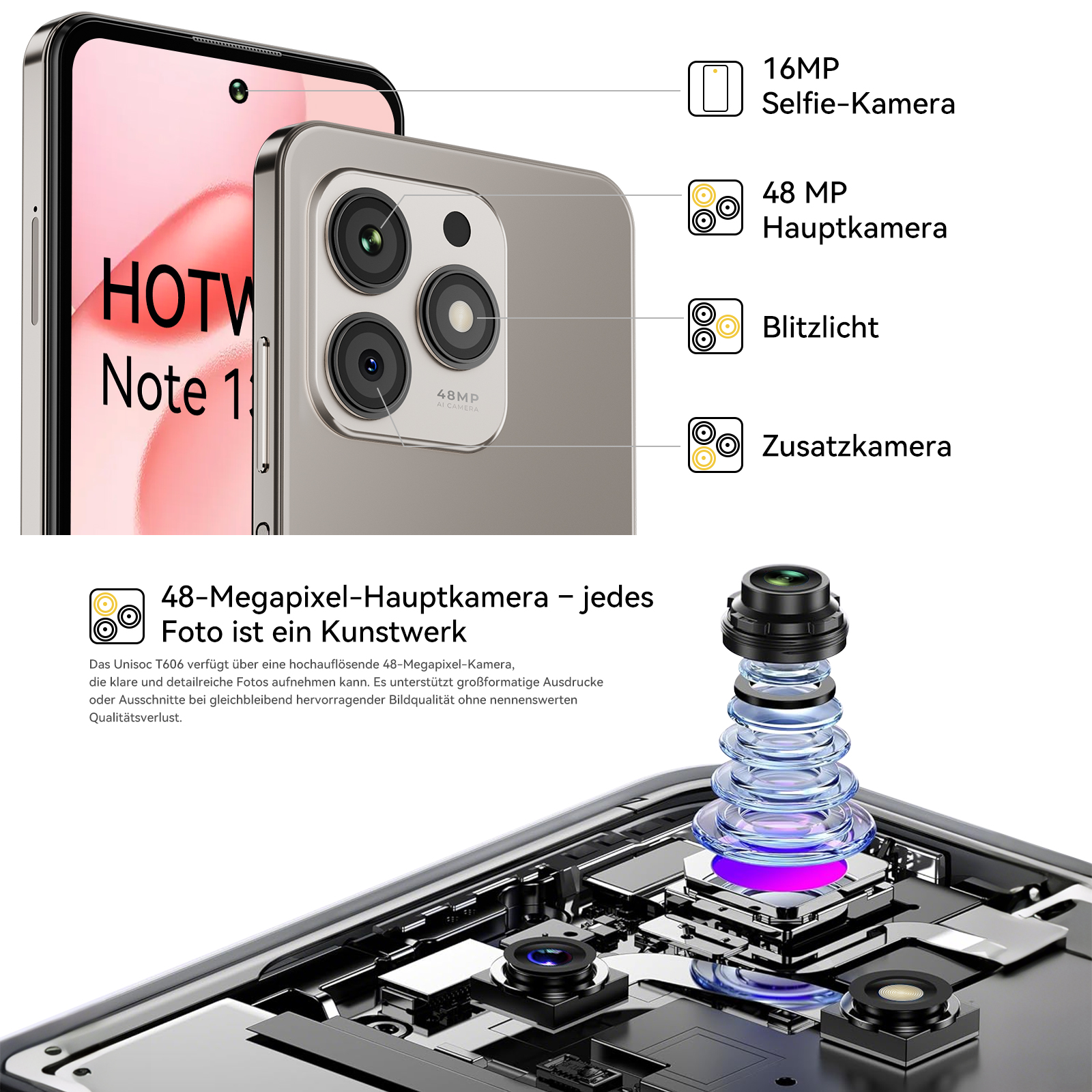Smartphone mit Kameradetails: 16MP Selfie-Kamera, 48MP Hauptkamera, Blitz und zusätzliche Kamera. Interne Teile gezeigt.