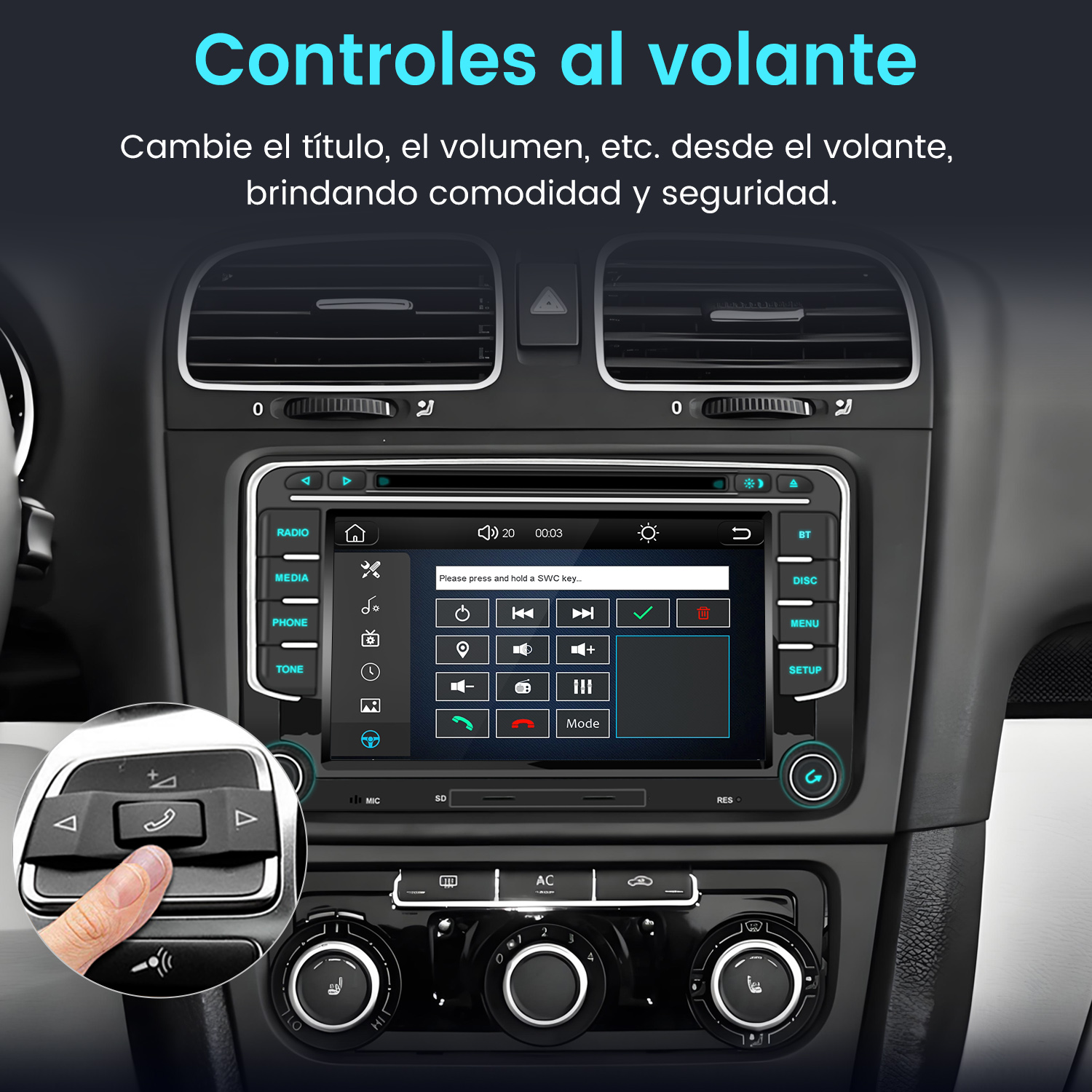 Deska rozdzielcza samochodu z ekranem multimedialnym. Przyciski na dole i elementy sterowania kierownicą.