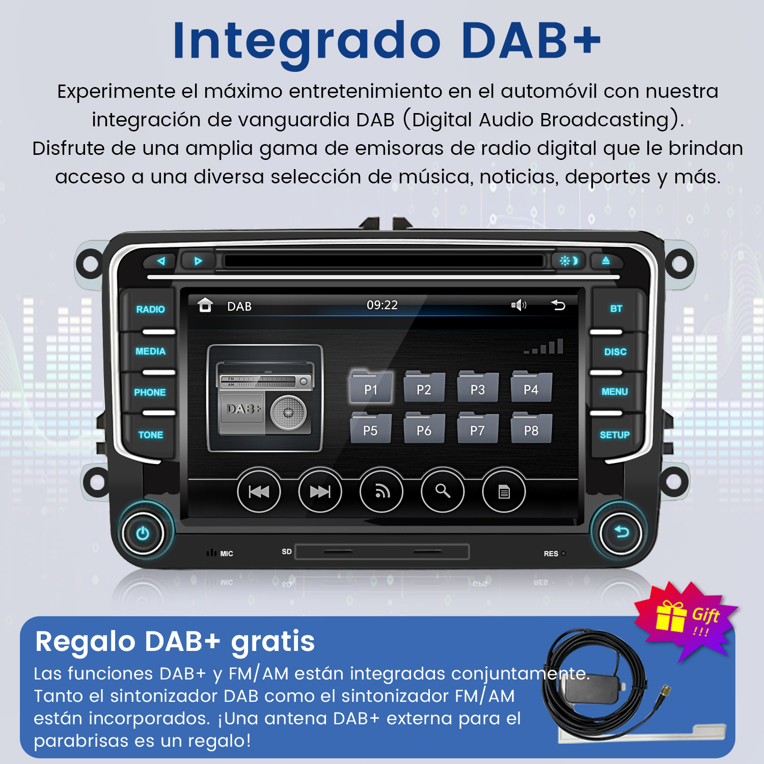 Deska rozdzielcza samochodu z ekranem multimedialnym pokazującym interfejs radia DAB+. Pokazano również kabel i pudełko z prezentem.
