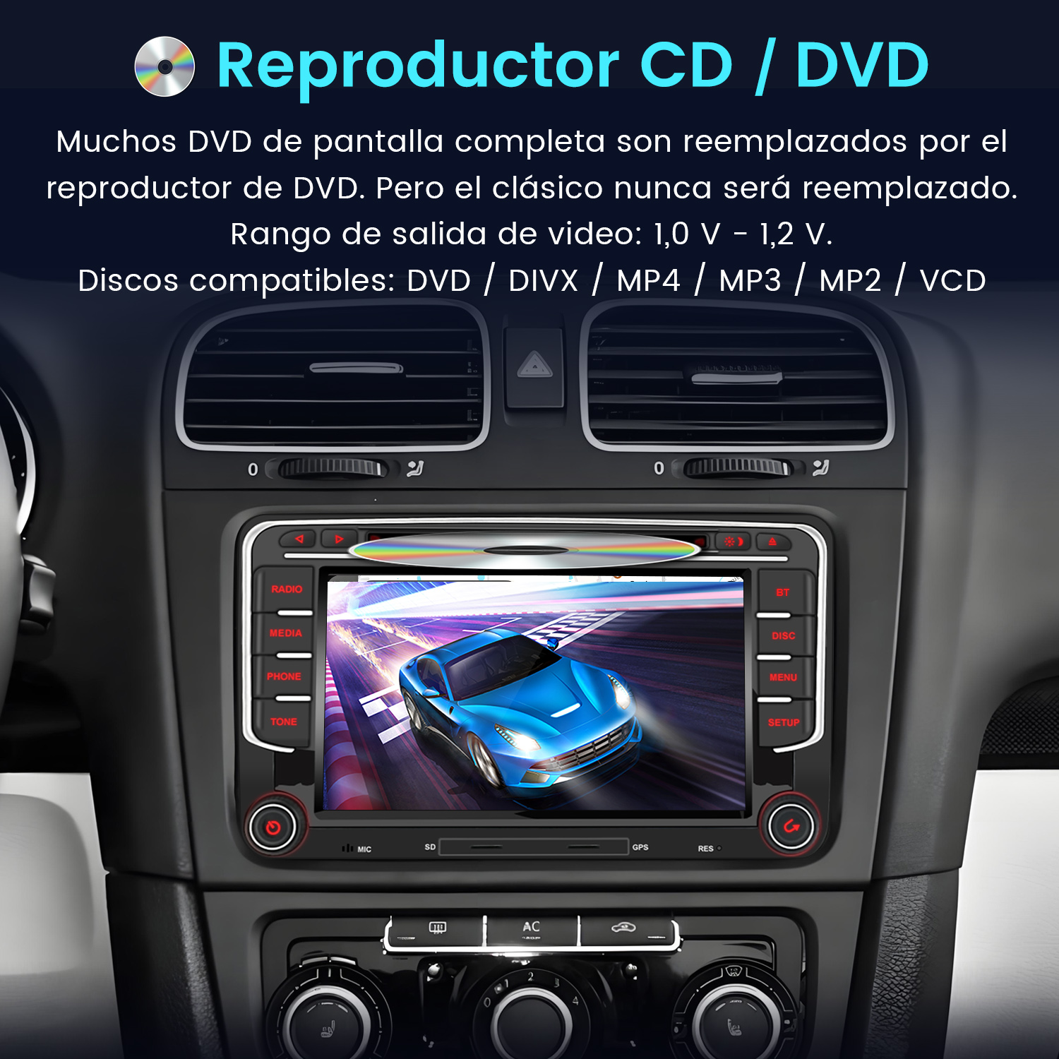 Deska rozdzielcza samochodu z ekranem multimedialnym wyświetlającym grę wyścigową. Widoczny jest również odtwarzacz CD/DVD.