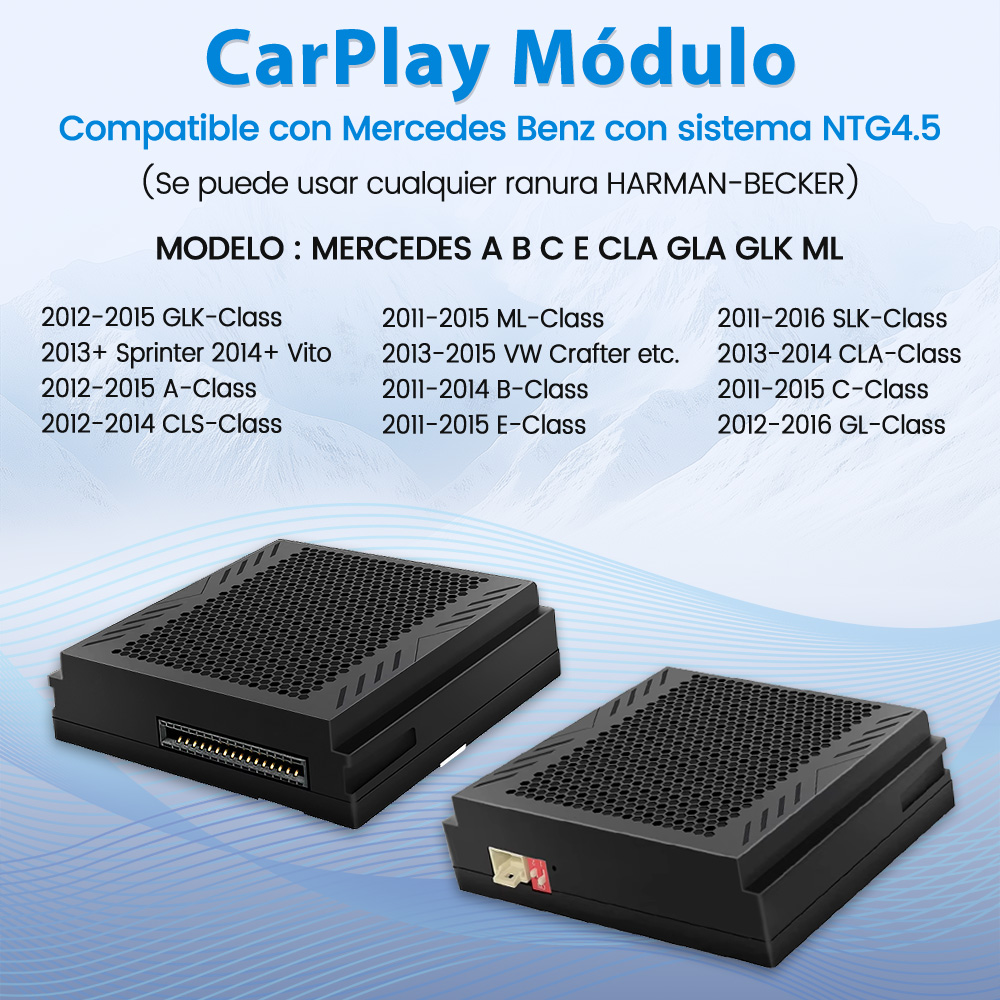 Módulo CarPlay con una lista de modelos Mercedes-Benz compatibles. Se muestran cajas negras con cables.