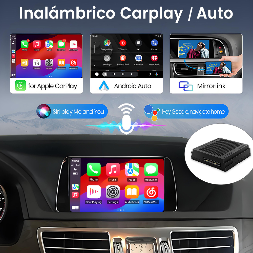 Panel de coche con interfaces CarPlay, Android Auto y Mirrorlink. Tres teléfonos muestran diferentes vistas.