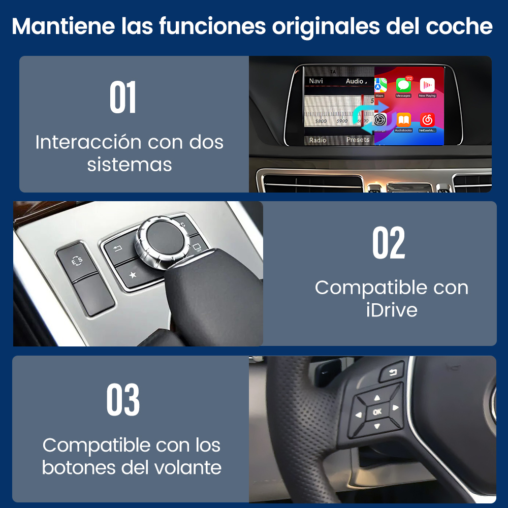 Panel del coche con tres imágenes destacando funciones: interacción de doble sistema, compatibilidad con iDrive y botones del volante.