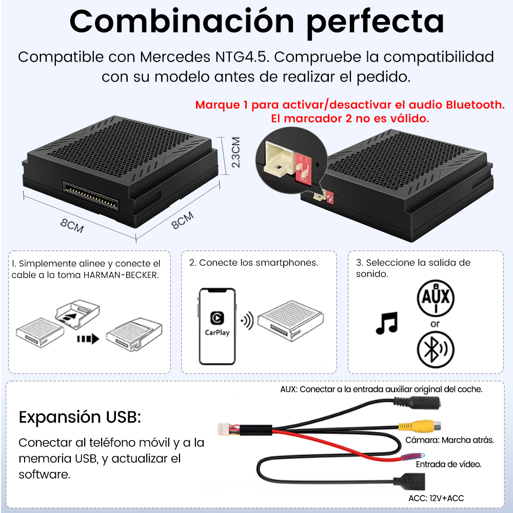 Diagrama del sistema Mercedes NTG4.5, mostrando pasos de instalación. Incluye conectores para smartphone, AUX, USB y cámara trasera.