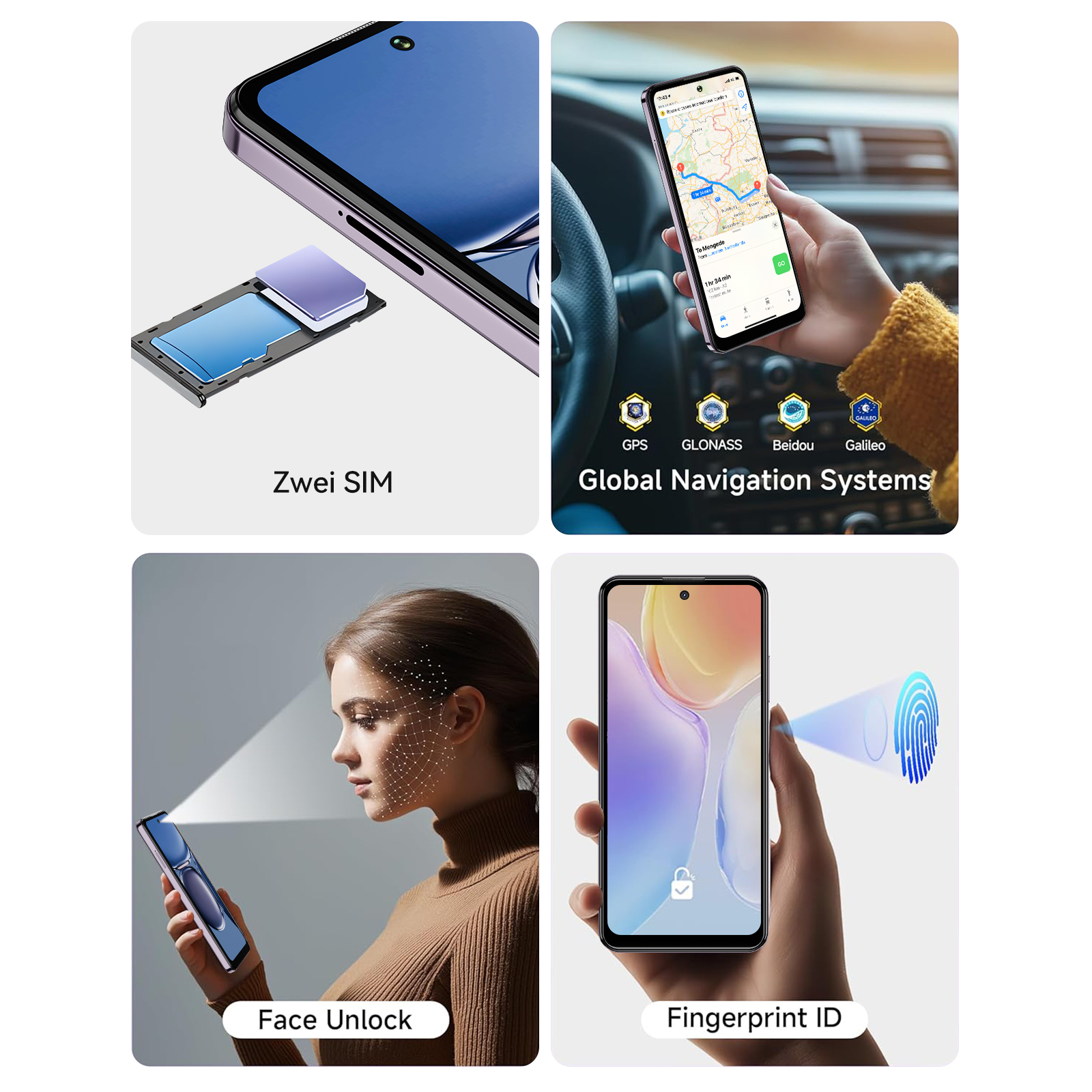 Eine Collage von Telefonfunktionen. Beinhaltet Dual-SIM, GPS, Gesichtserkennung und Fingerabdruck-ID.