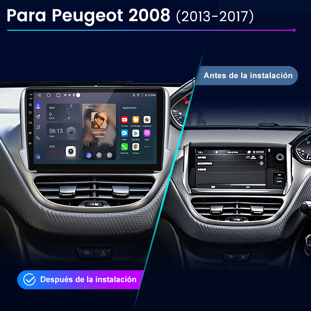 Comparación del antes y el después del salpicadero de un coche con un sistema multimedia instalado.