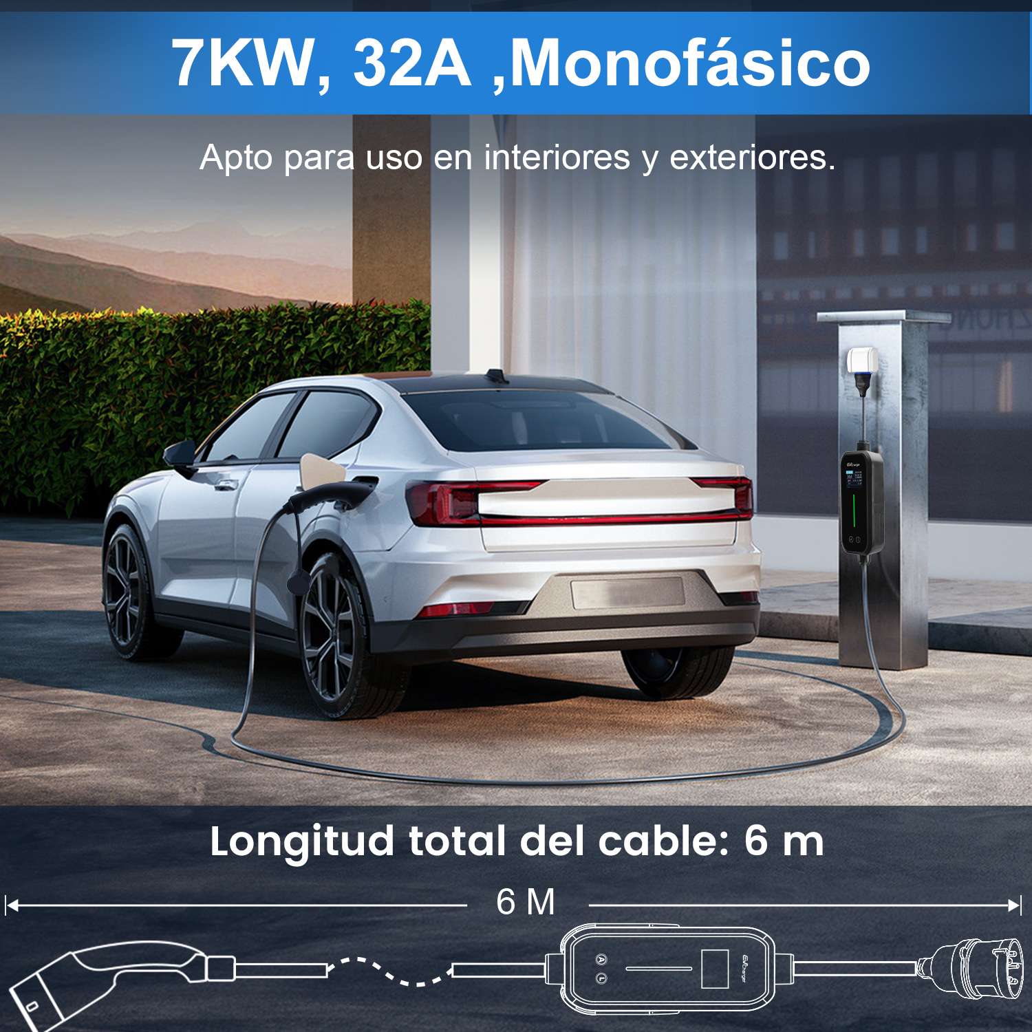 Coche eléctrico cargando con un cable, con una estación de carga en el fondo.