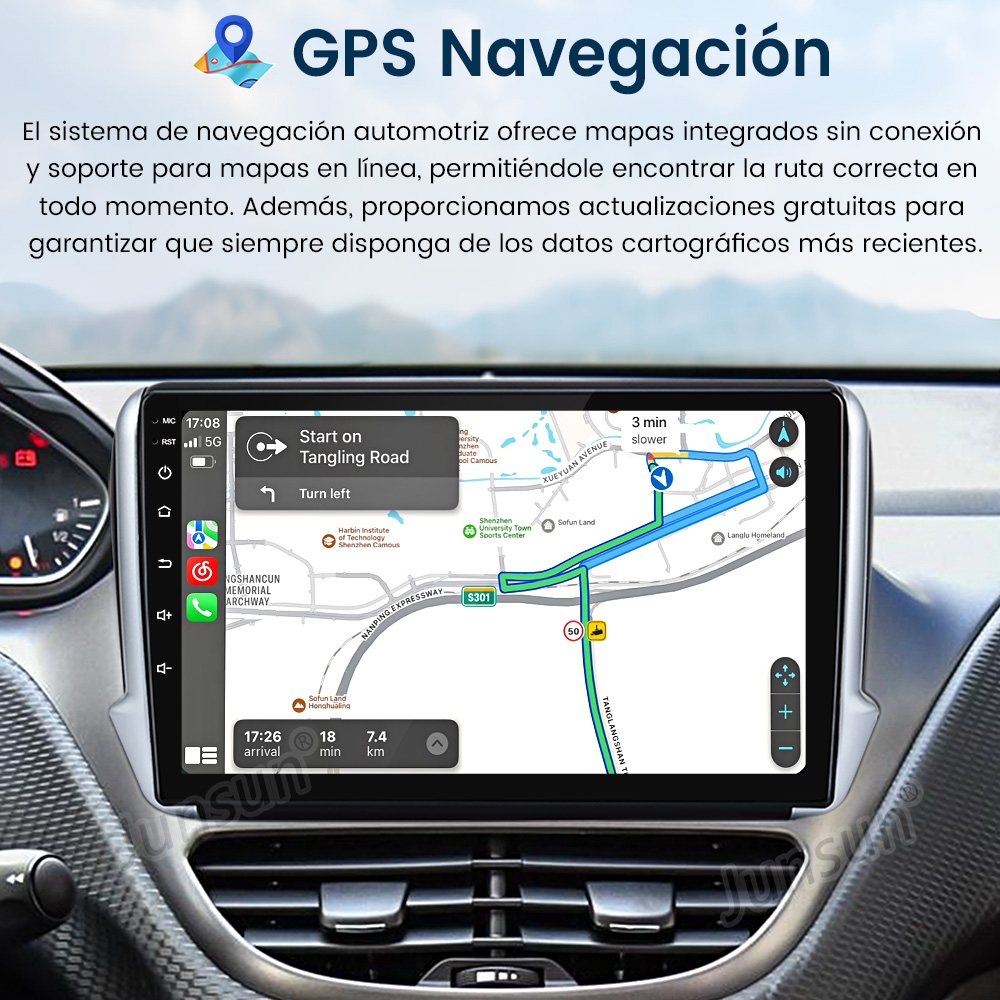 Un sistema multimedia para coche que muestra un mapa de navegación GPS, con calles, direcciones y hora estimada.