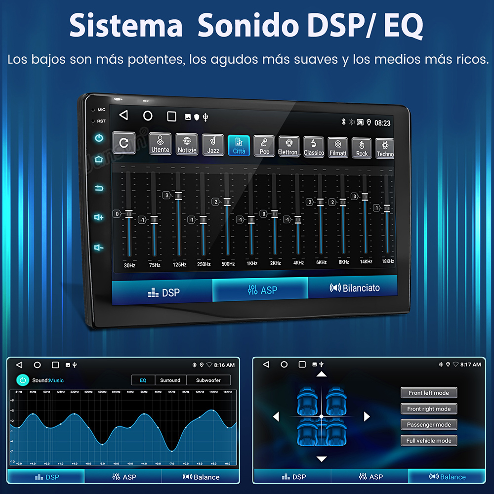 Interfaz del sistema de audio del coche con ajustes de ecualizador, que muestra las frecuencias de audio.