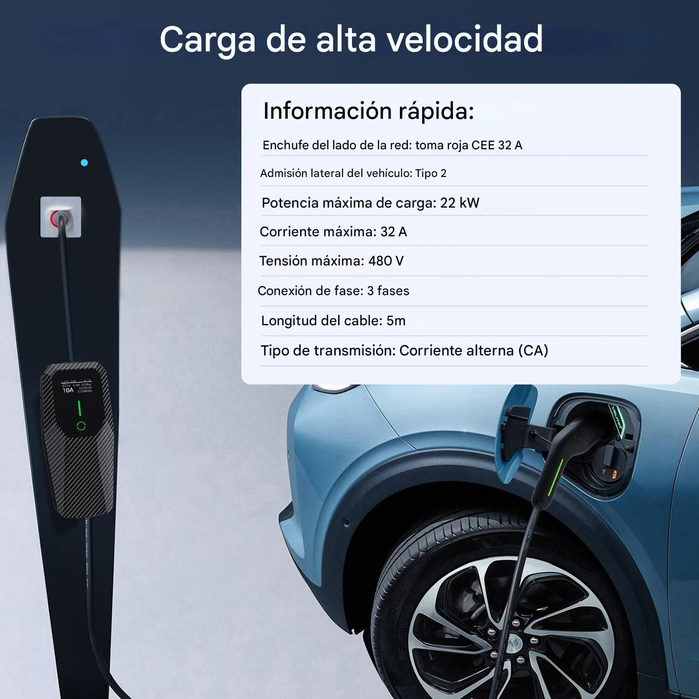 Una estación de carga EV con un enchufe y un coche azul. Información sobre velocidad y voltaje.
