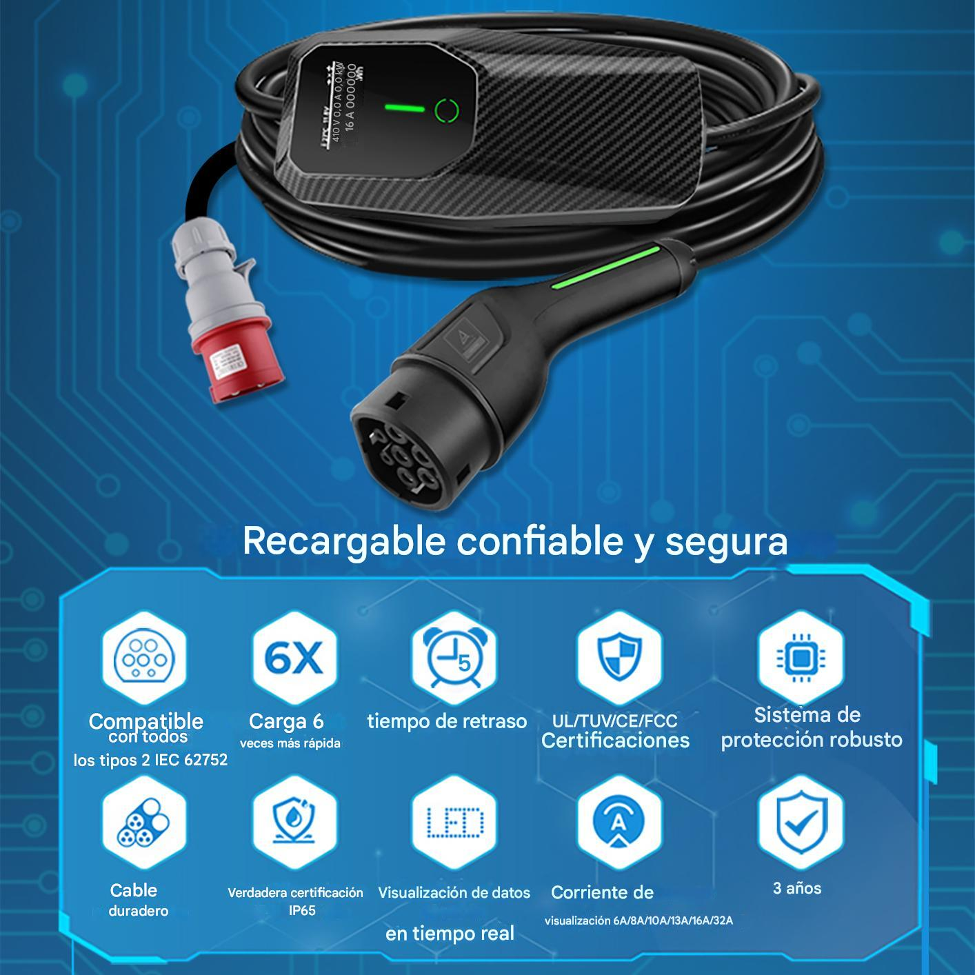Cargador de vehículo eléctrico con cable, enchufes y certificaciones de seguridad sobre un fondo de circuito azul.