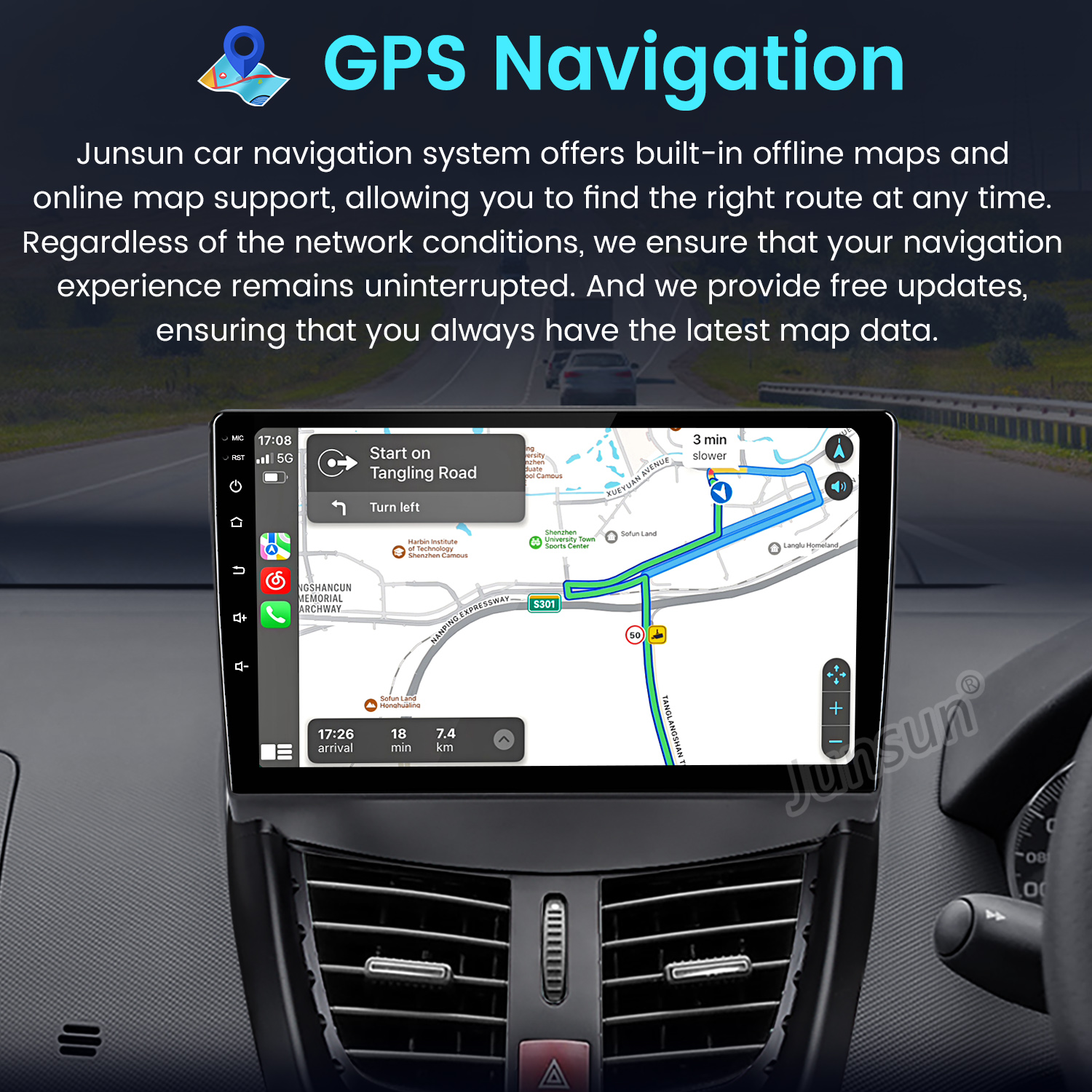 Pantalla del sistema de navegación del coche que muestra un mapa con guía de ruta. Pantalla en el salpicadero.