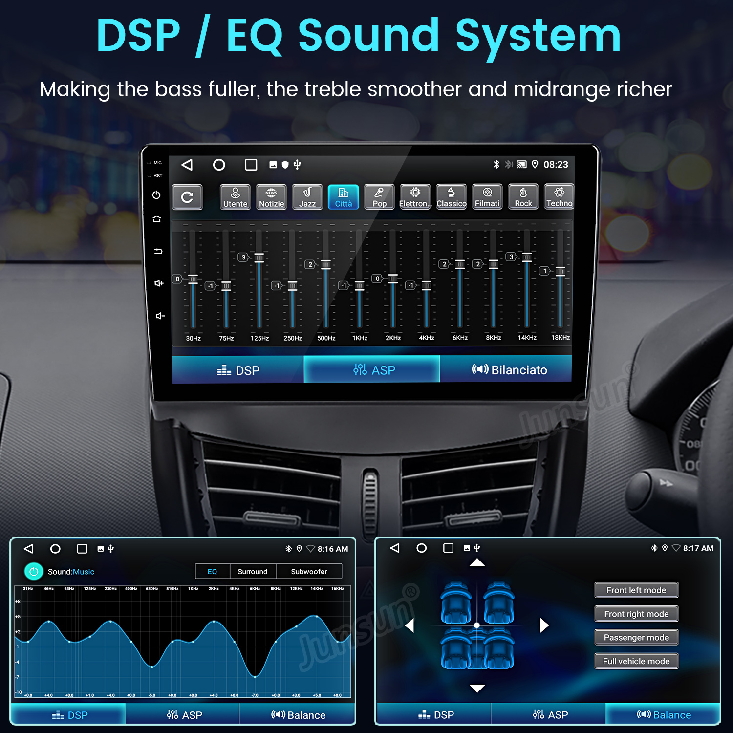 Pantalla multimedia de coche con sistema de sonido DSP/EQ, mostrando ajustes de ecualizador y controles de balance de audio.