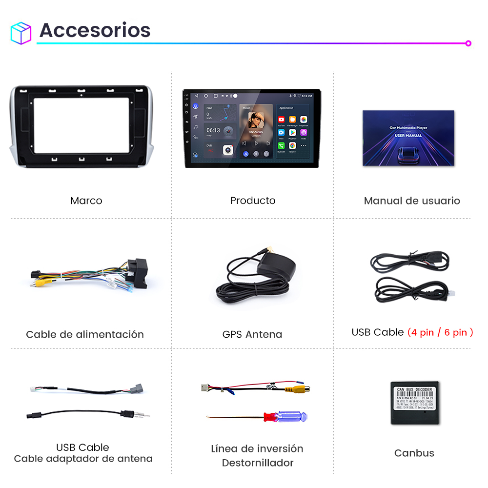 Nueve accesorios, incluyendo un marco, producto, manual de usuario, cable de alimentación, antena GPS, cable USB, etc.