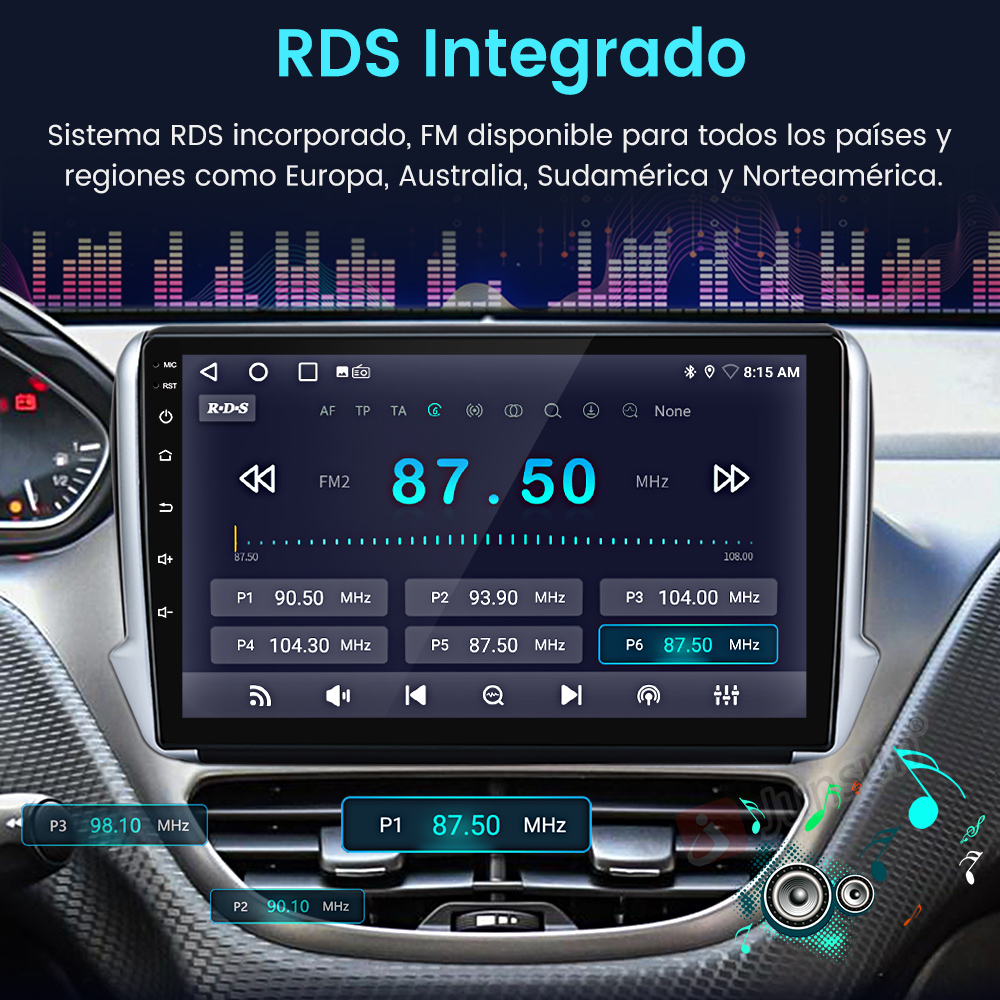Pantalla multimedia de coche mostrando una interfaz de radio FM con RDS integrado y presintonías de frecuencia.