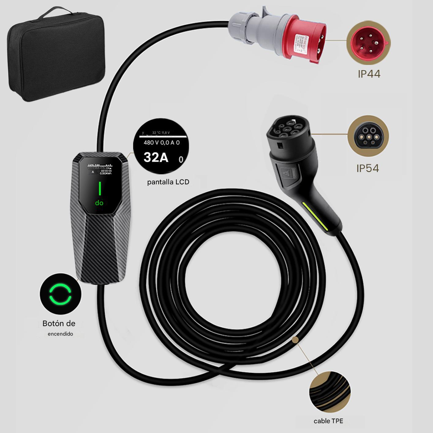Un cargador de vehículos eléctricos y sus componentes: una estación de carga, una funda de transporte negra y cables.