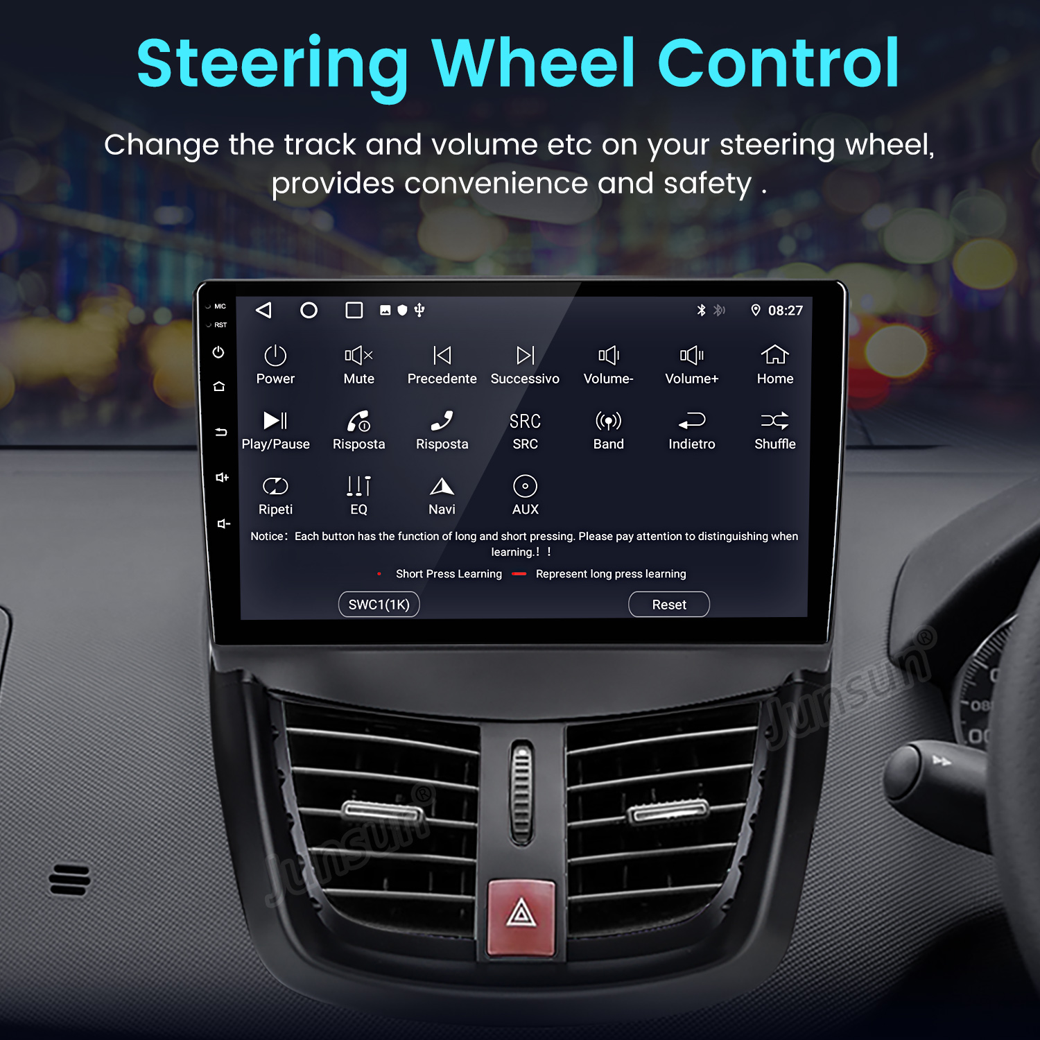 Pantalla multimedia de coche con opciones de control del volante, mostrando botones y sus funciones.