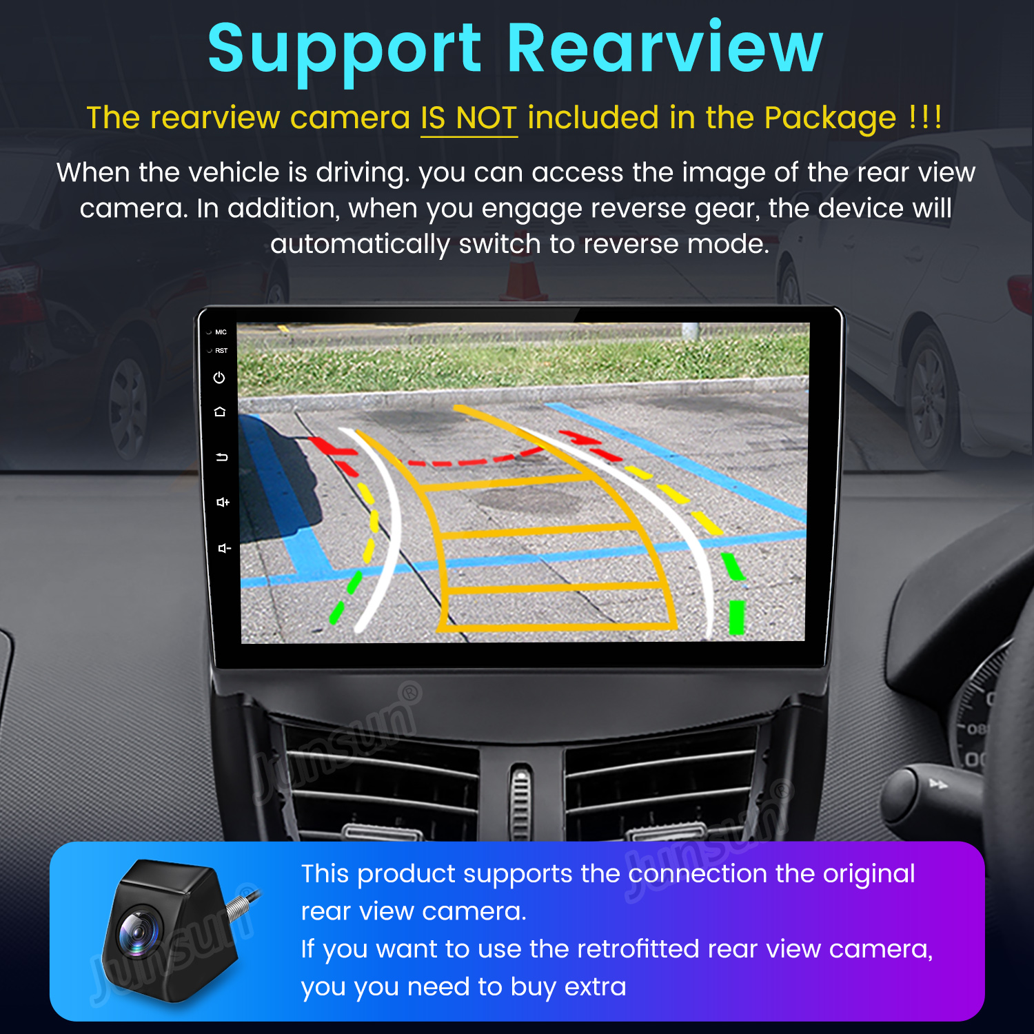 Pantalla multimedia de coche mostrando vista de cámara trasera con líneas de estacionamiento. Texto: cámara NO incluida.