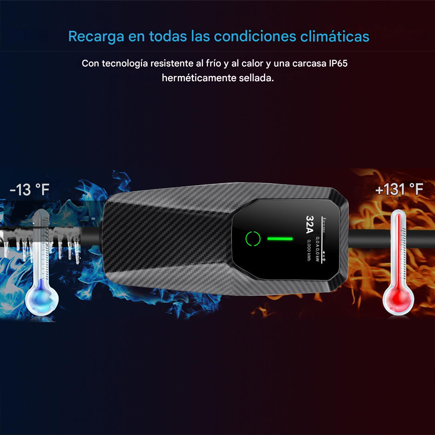 Estación de carga con cable y coche en el fondo con indicadores de temperatura.