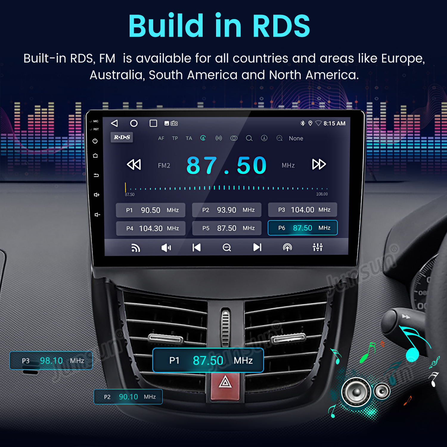 Pantalla multimedia de coche mostrando interfaz de radio FM con RDS. Frecuencia 87.50 MHz, con opciones preestablecidas.